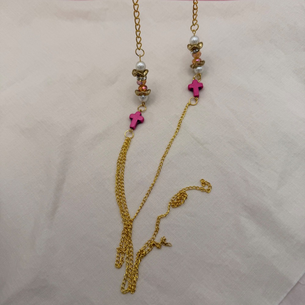 Gold Tone Multi Strand Necklace Earring Set Pink Cross Faux Pearl Beads